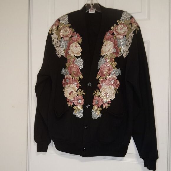 VTG Hand Embellished Sweatshirt Floral Vinyl Applique 80's Eclectic Grandma XL - Picture 13 of 13